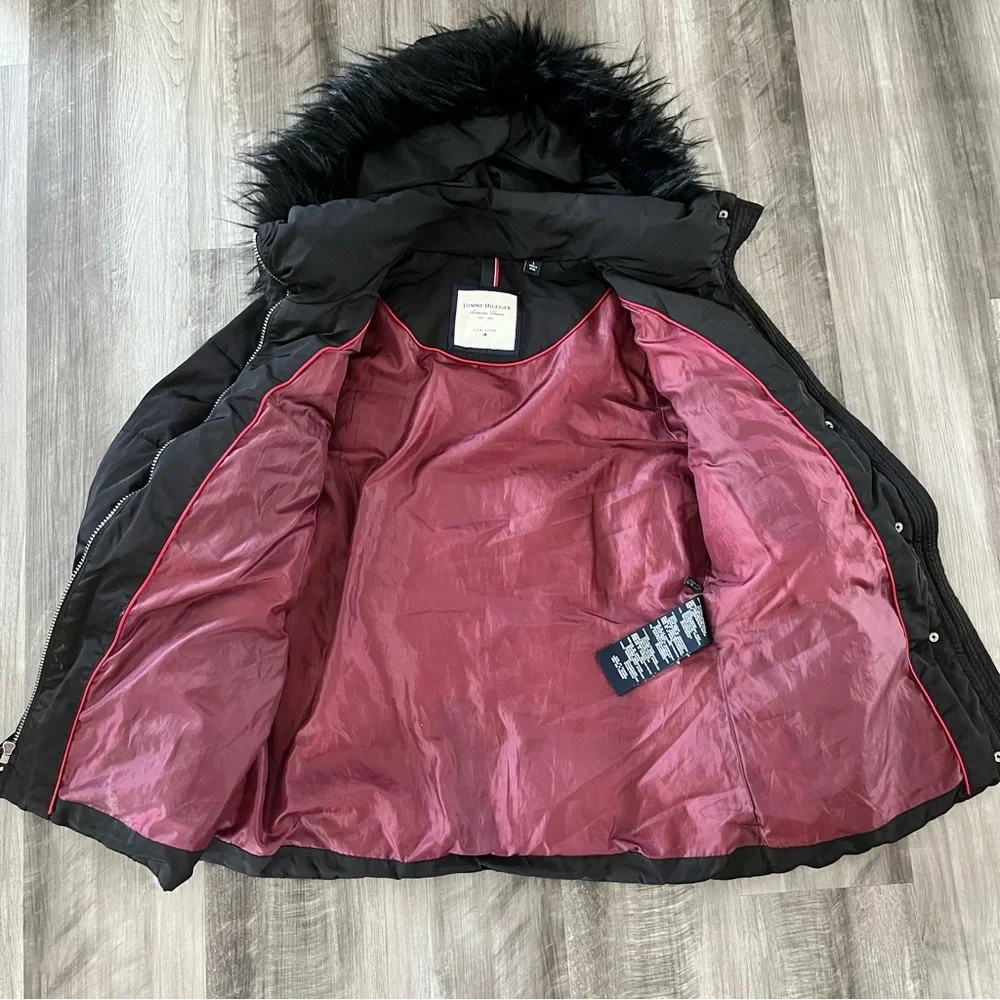 Black Puffer Jacket with Faux Fur Hood - Picture 2 of 4
